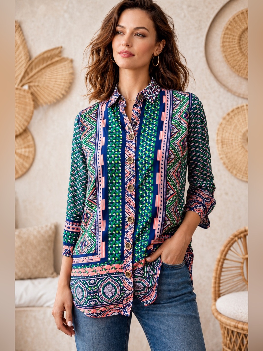 Anthropologie Maeve 100% Silk Boho Geometric Print Button Down Blouse Sz 2